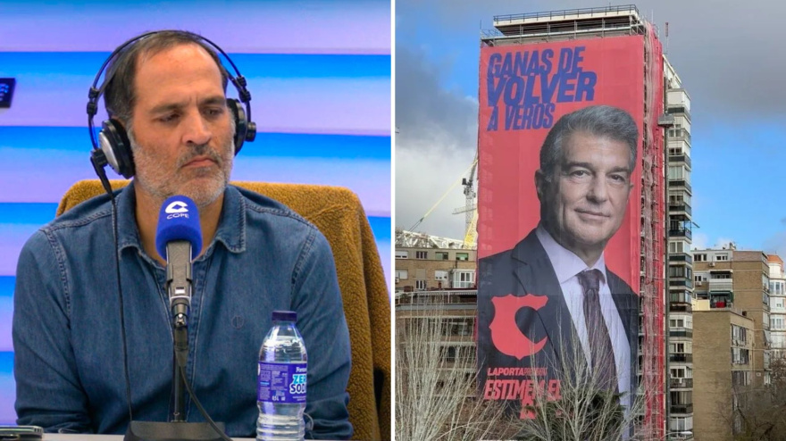 David Sánchez y la lona de Joan Laporta frente al Santiago Bernabéu