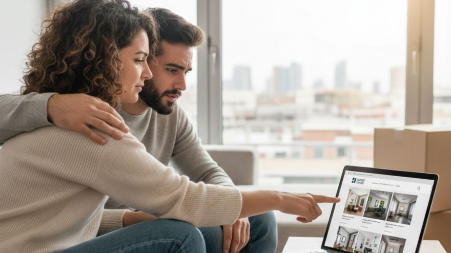 Una pareja joven buscando piso en un portal de internet para comprar