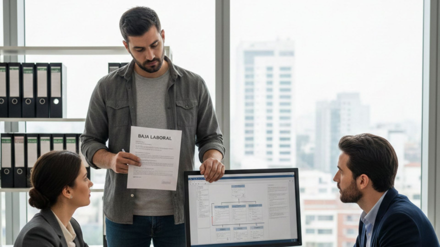 Un trabajador con un documento de baja laboral hablando con el personal de recursos humanos de su empresa