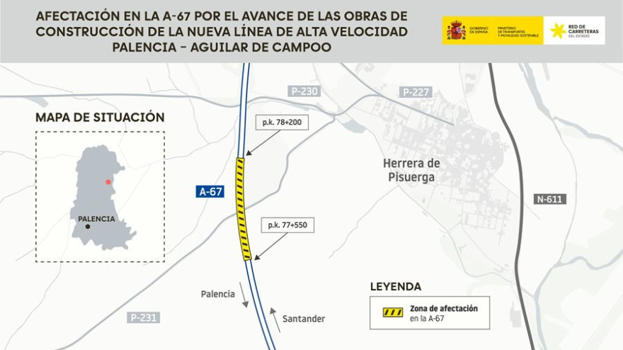 Las obras del AVE provocarán cortes parciales en la A-67 a la altura de Herrera de Pisuerga (Palencia) durante cinco meses