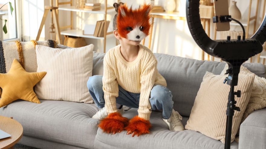 Chica disfrazada de gato siguiendo la moda de los therians grabando un video en casa