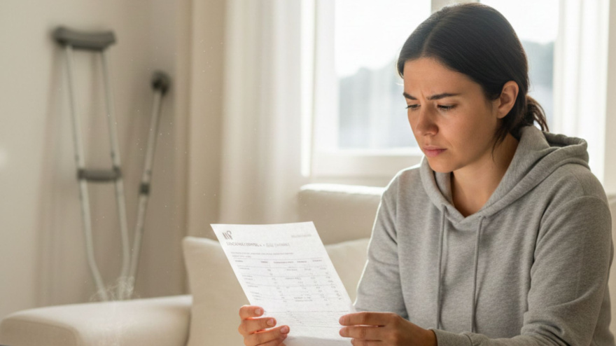 Una persona está de baja laboral en su casa mientras revisa un papel en el que viene indicada su nómina de la empresa