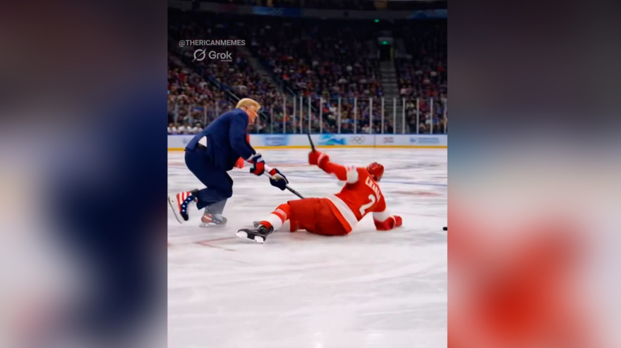 Donald Trump echa sobre la pista a un jugador canadiense durante el delirante vídeo hecho con IA en el que figura como jugador de Estados Unidos