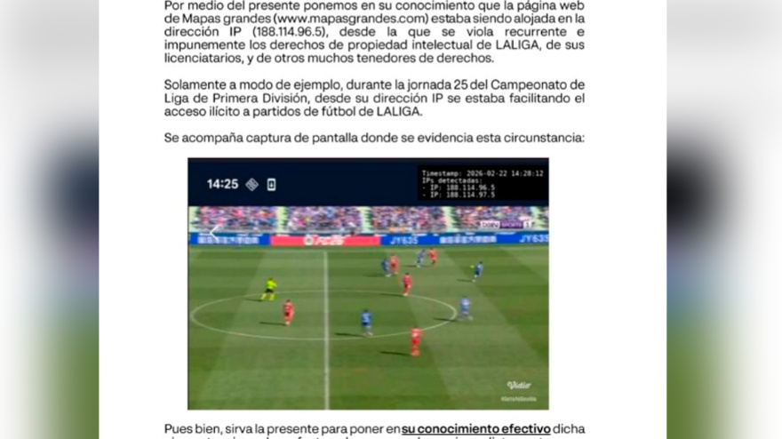 Carta que remite LaLiga a una de las empresas afectadas por los cortes de internet