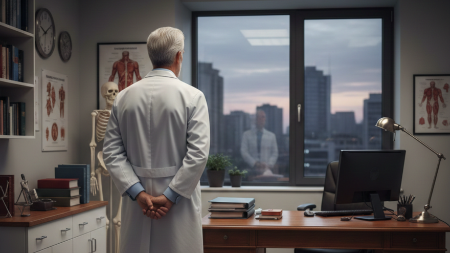 Un médico de unos 64 años de espaldas en su consulta