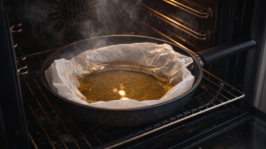 ¿Se puede guardar la sartén con aceite dentro del horno para reutilizarlo?