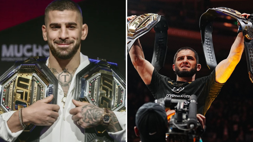 Ilia Topuria doble campeón de la UFC (Izq) y Islam Makhachev doble campeón de la UFC