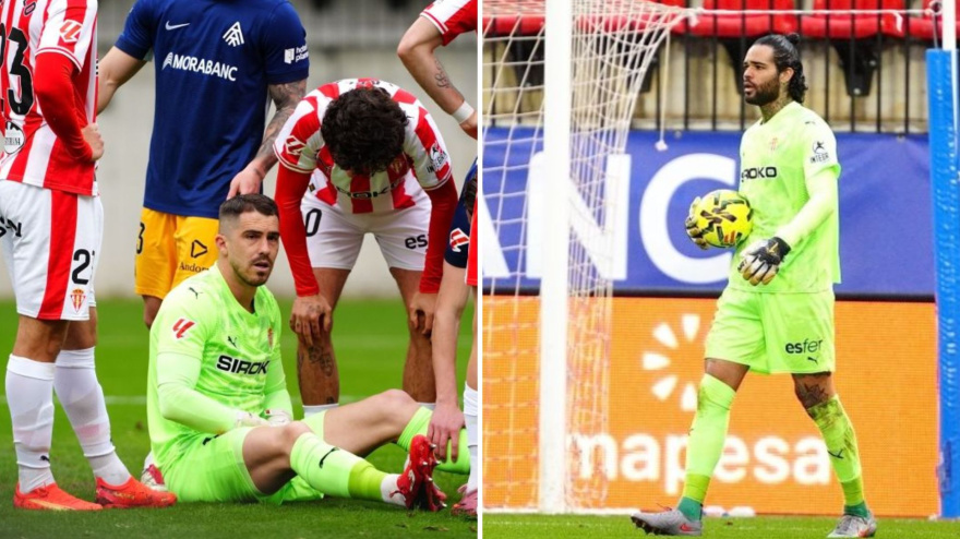 Rubén Yáñez (izda.) y Christian Joel (dcha.), durante el Andorra-Sporting