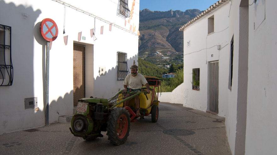 Un hombre conduce un tractor en Altea La Vieja