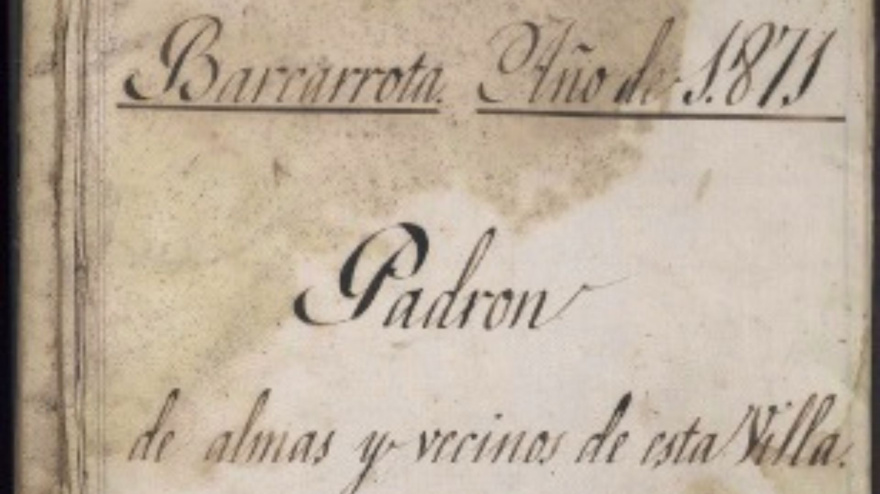 Documento del padrón de habitantes de Barcarrota de 1871 expuesto en el Archivo Provincial de Badajoz