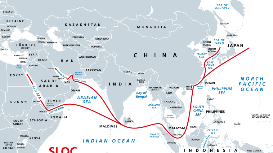 Mapa político de las principales rutas marítimas de comunicación energética del Indo-Pacífico. Líneas marítimas de comunicación de importancia geopolítica.
