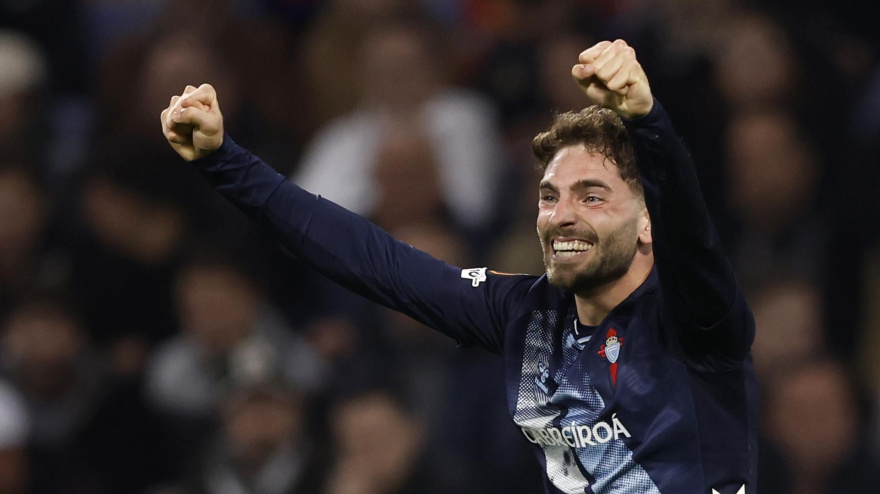 Javi Rueda celebra el 0-1 del Celta contra el Lyon