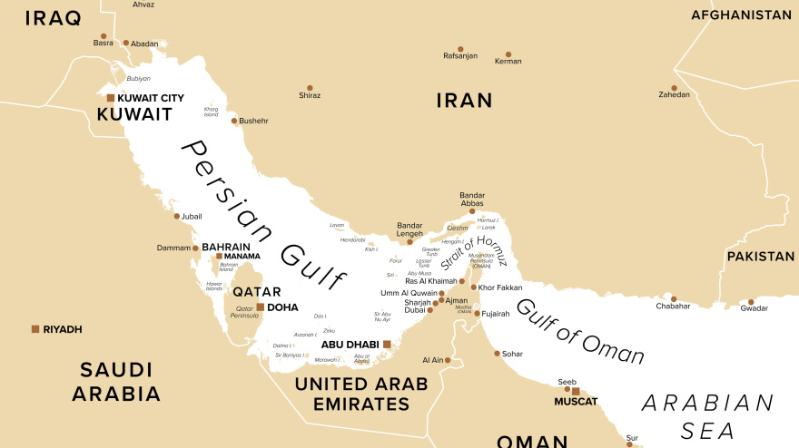 Región del Golfo Pérsico, mapa político. A veces llamado Golfo Arábigo, es una extensión del Mar Arábigo entre la Península Arábiga e Irán.