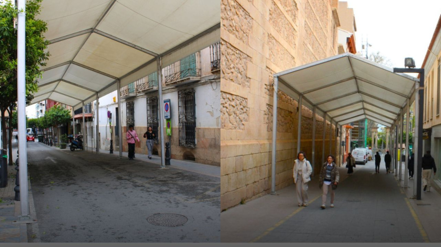 Carpas instaladas en varios puntos de la ciudad, para la protección de elementos de las cofradías de la Semana Santa de Lorca en caso de lluvia