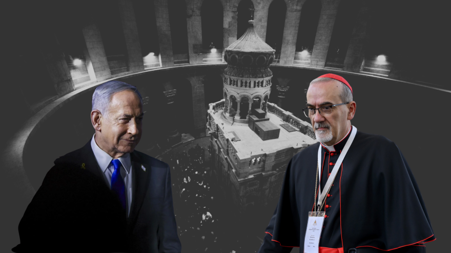 Montaje Netanyahu y Pizzaballa con el Santo Sepulcro detrás