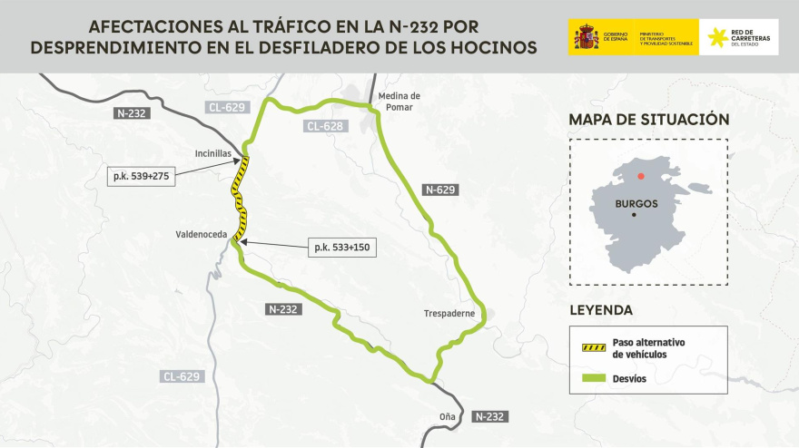 Transportes restablece mañana el tráfico en la N-232 entre Valdenoceda e Incinillas tras las obras de emergencia por el desprendimiento de rocas en el Desfiladero de los Hocinos