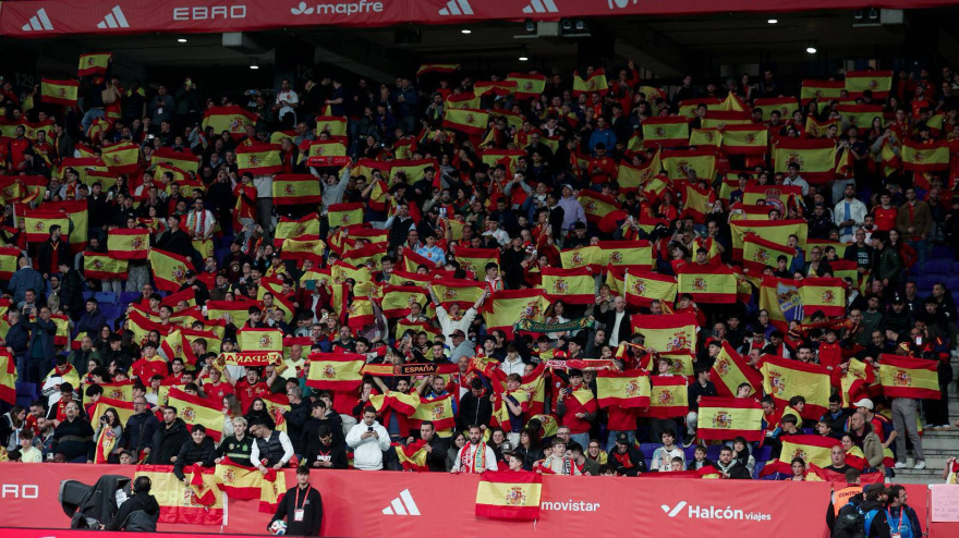 Banderas de España en la grada del estadio de Cornellá durante el partido entre La Roja y Egipto.900/Cordon Press