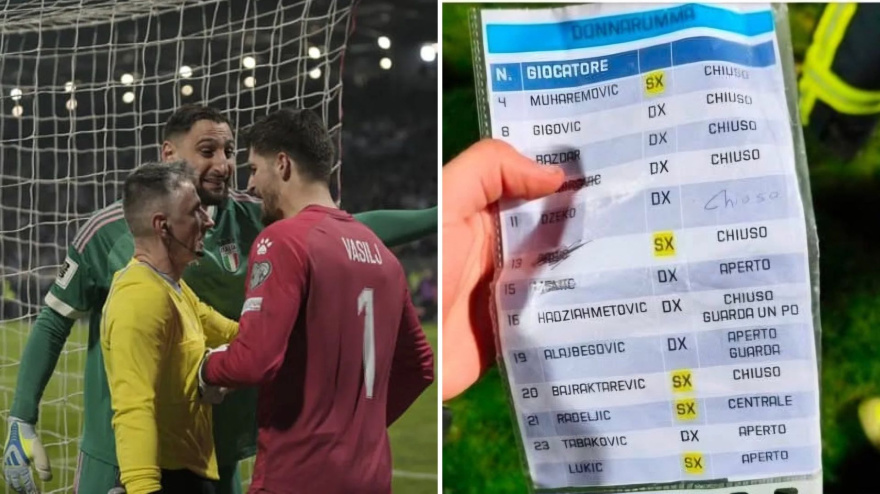 Donnaruma discutiendo con el portero bosnio en la tanda de penaltis del Bosnia-Italia