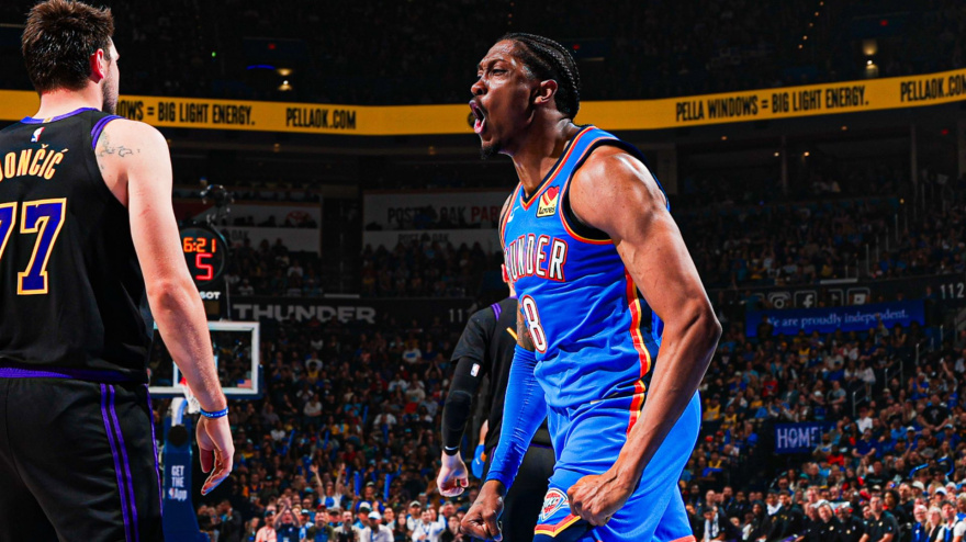 Jalen Williams celebrando una canasta ante los Lakers