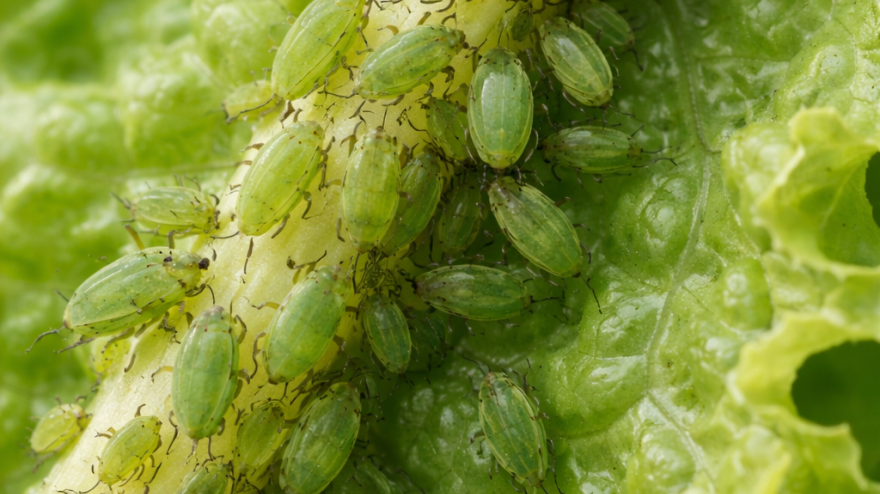 Imagen amplificada de pulgón en una lechuga infectada por la plaga