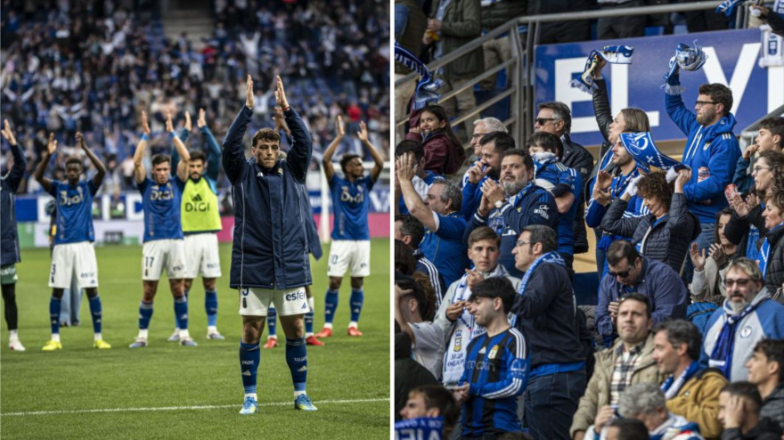 A la izquierda, Viñas lidera la celebración del Oviedo en el Tartiere; a la derecha, la afición festaja un gol