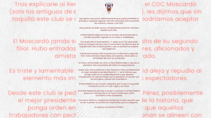 Comunicado del Moscardó tras conocer que no tendrá a su afición en el partido contra el Real Madrid C