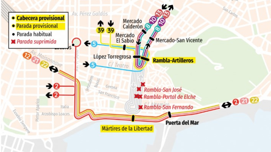 La Rambla de Méndez Núñez queda cerrada al tráfico desde este martes por el montaje de la Gala de Candidatas a Bellea del Foc, que este año se celebra por primera vez en esta ubicación tan emblemática