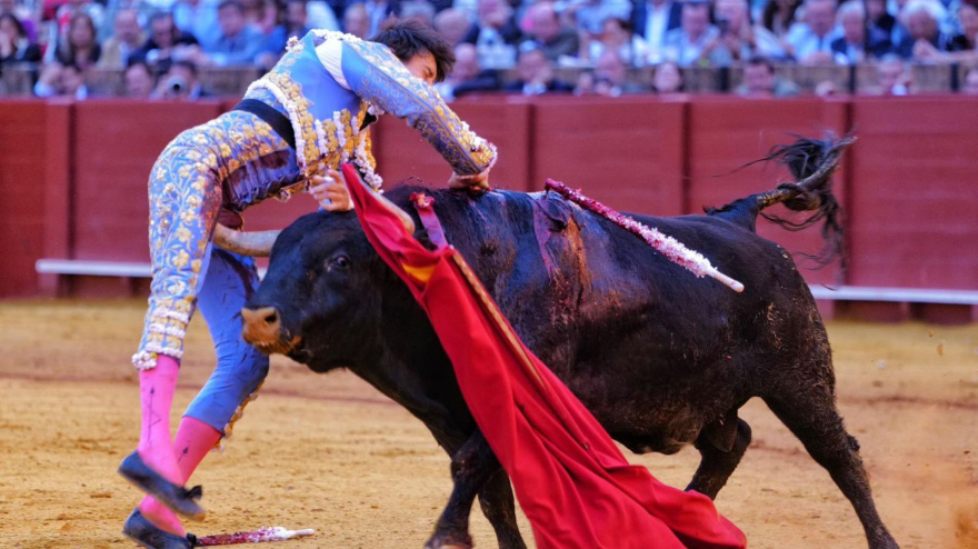 El momento de la cornada que recibió el diestro peruano Roca Rey en La Maestranza durante la Feria de Abril
