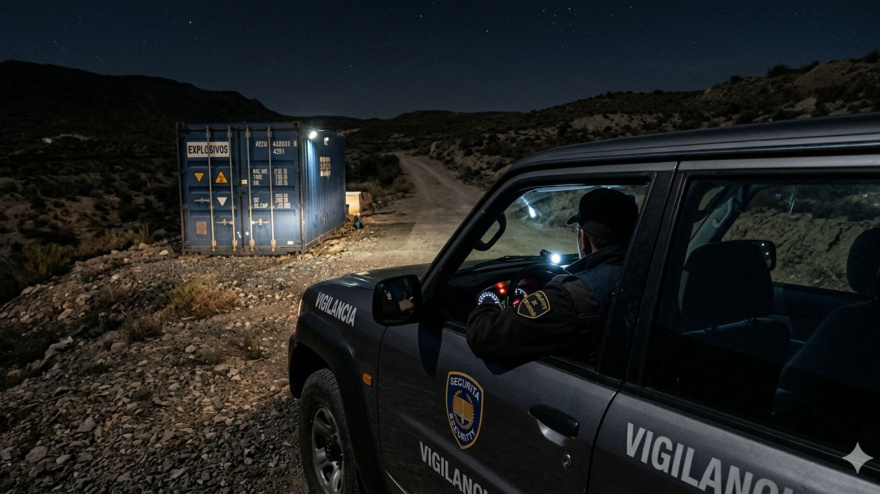 Un vigilante de seguridad por la noche en el coche junto a un contenedor