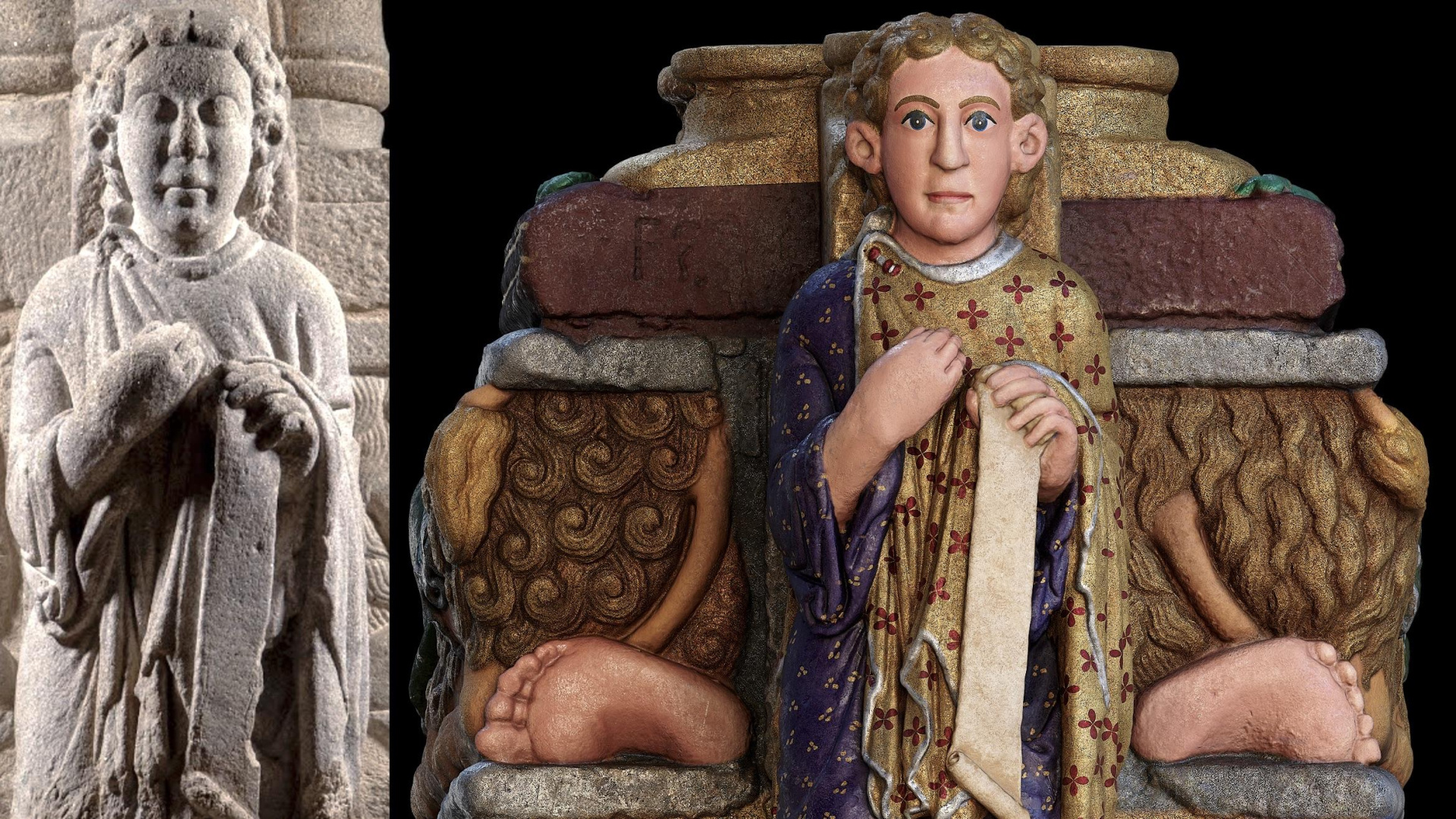 La restauración digital de la figura del Maestro Mateo revela su sorprendente aspecto original en el Pórtico de la Gloria