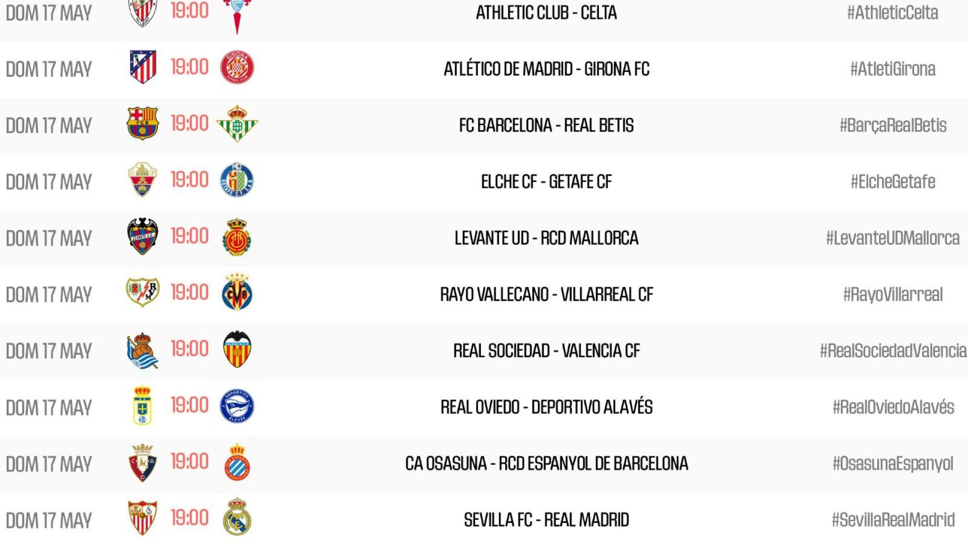 LaLiga unifica la penúltima jornada en Primera para el domingo 17 de mayo a las 19h