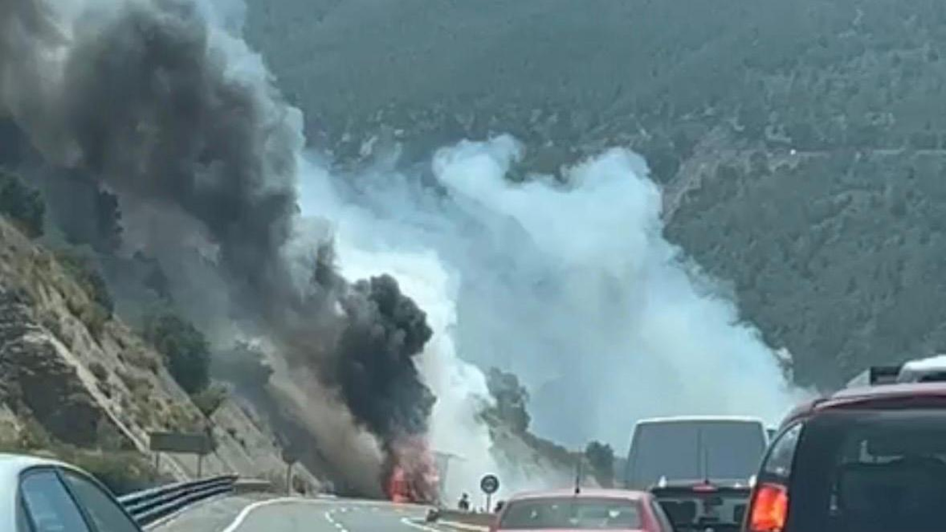 Un camión ardiendo en la A-44 provoca un incendio 