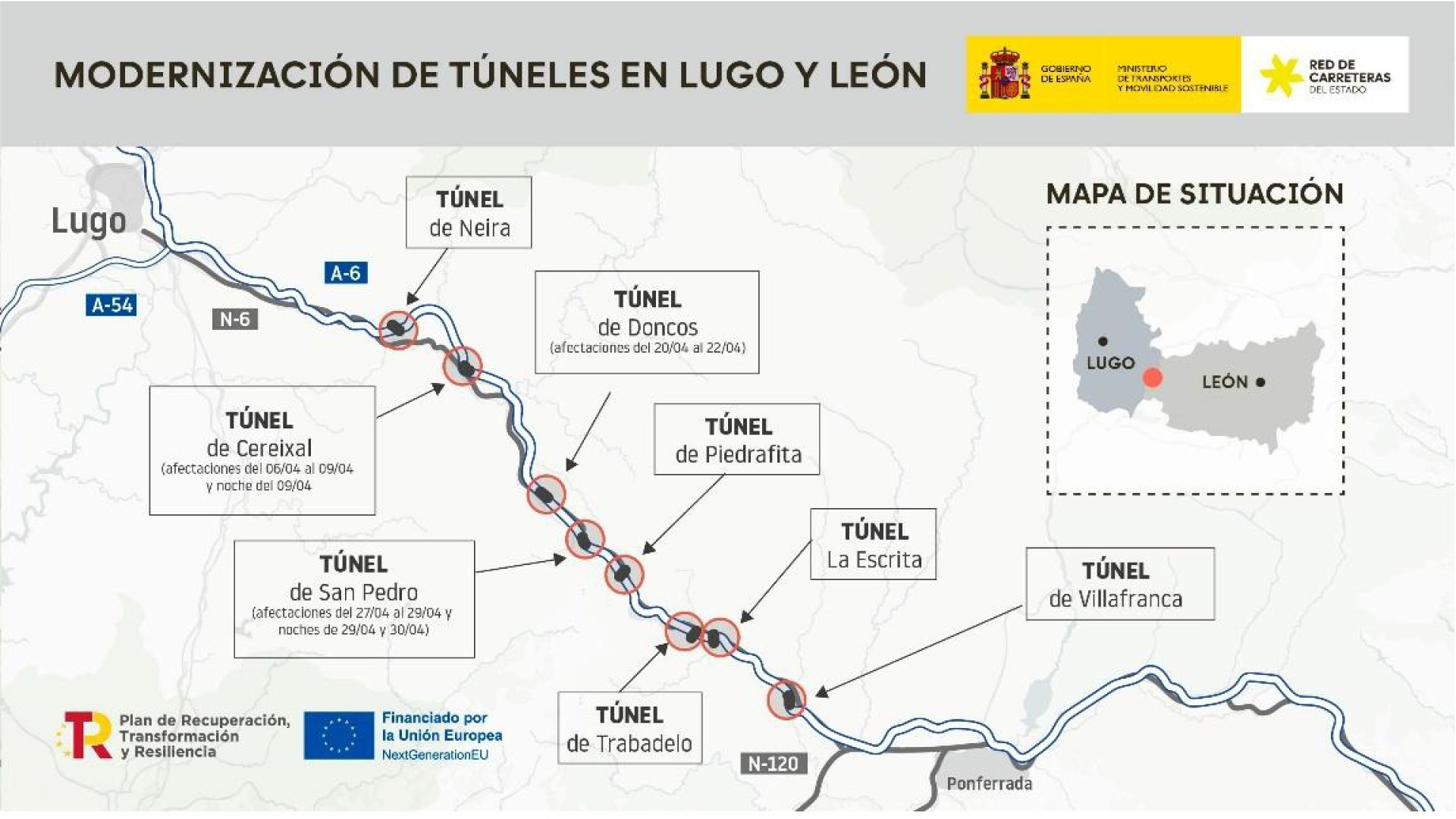 Las obras en el túnel de Neira provocarán cortes parciales en la A-6 en Lugo durante dos semanas