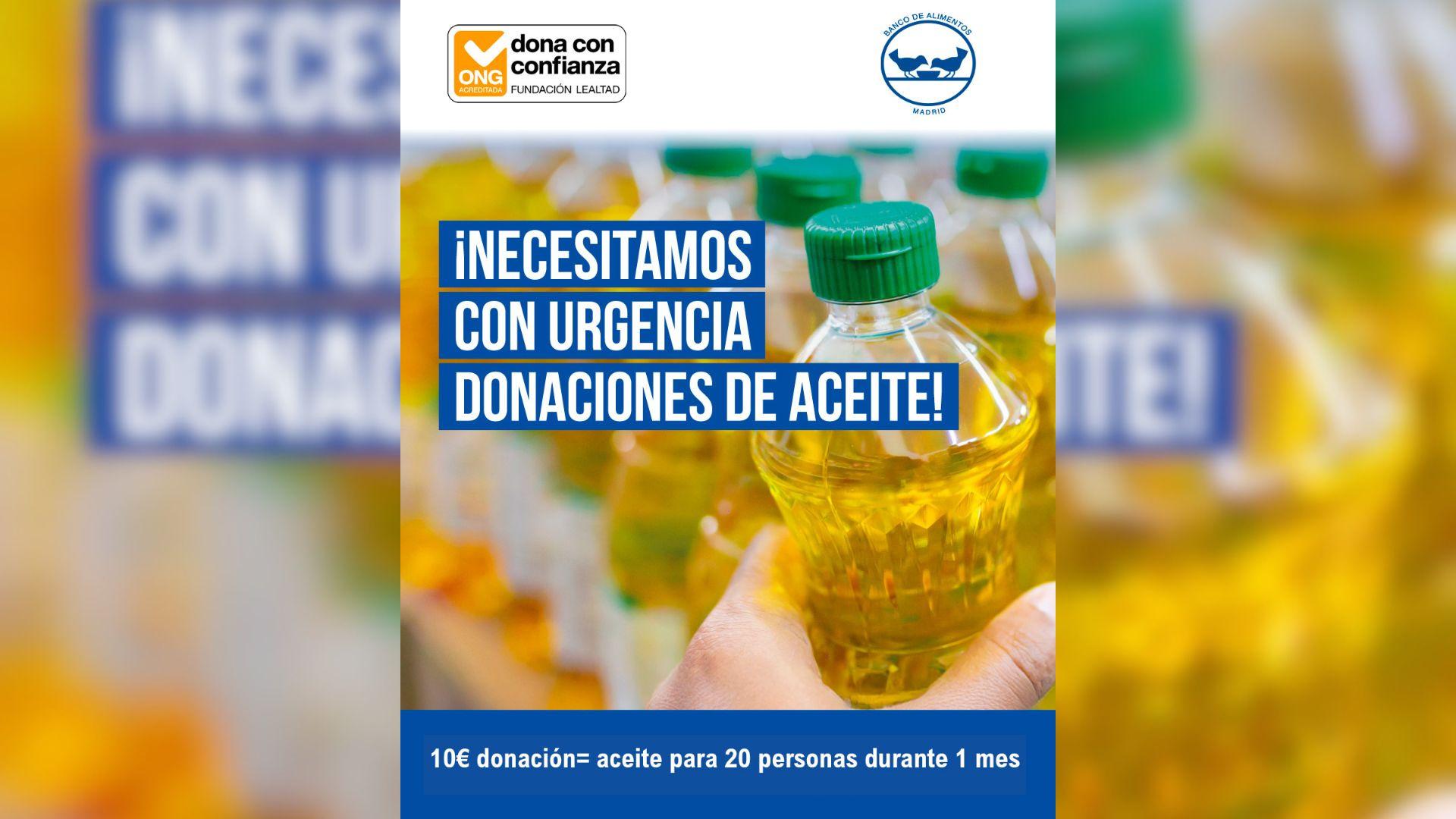 El Bando de Alimentos de Madrid (BAM) lanza una campaña urgente para conseguir aceite