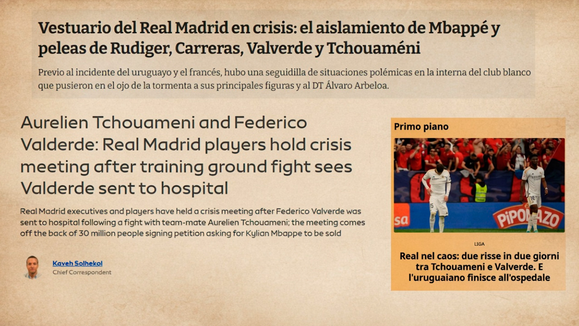 El escándalo y la crisis del vestuario del Real Madrid, en portada de los principales medios de la prensa internacional: 