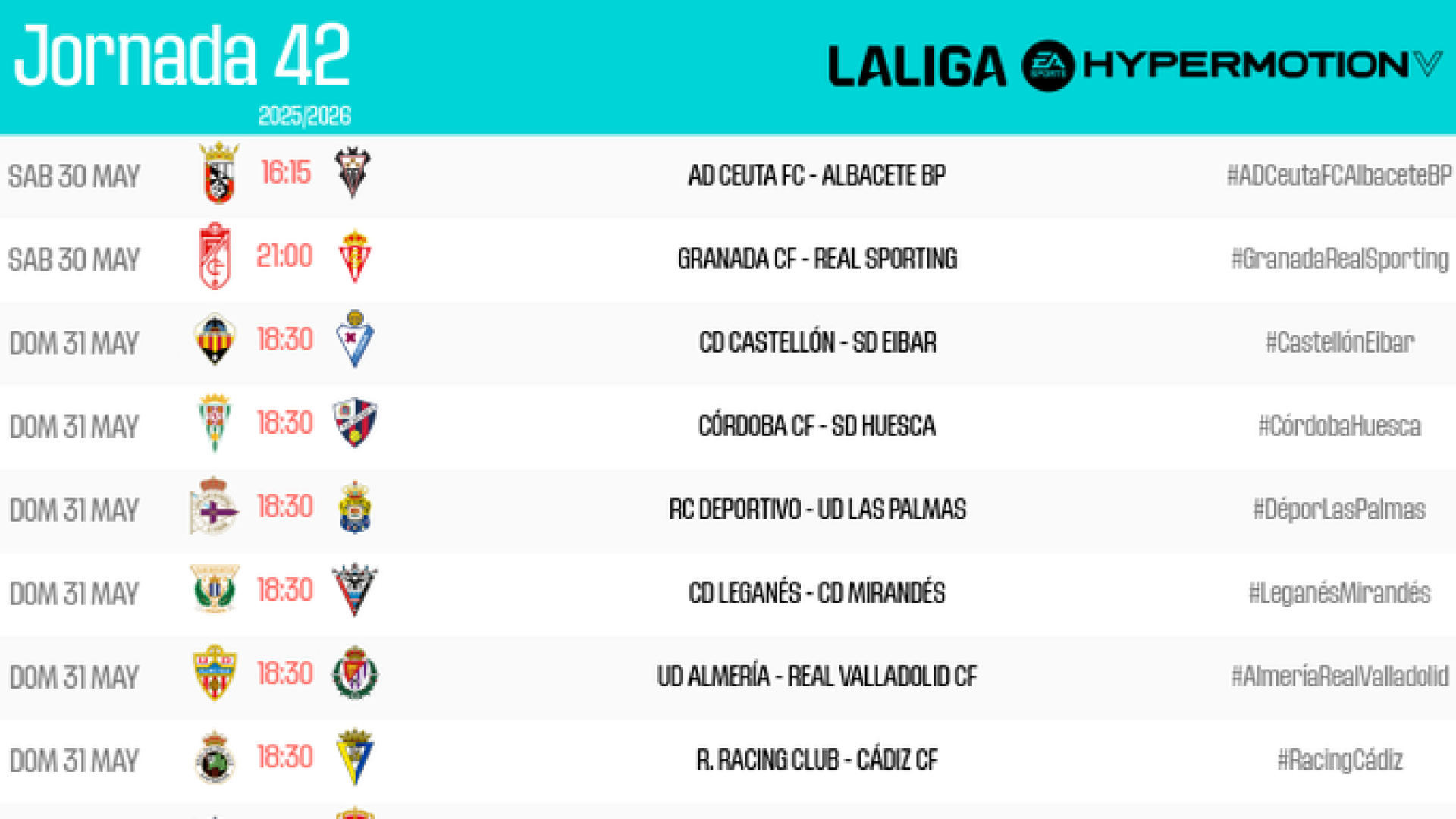 LaLiga define los horarios de la última jornada en Segunda: domingo 31 de mayo a las 18:30h