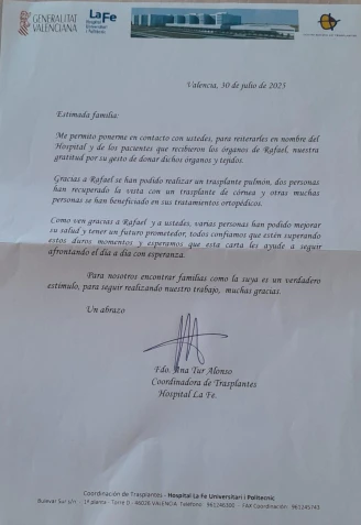 Carta enviada por el Hospital La Fe a Pilar