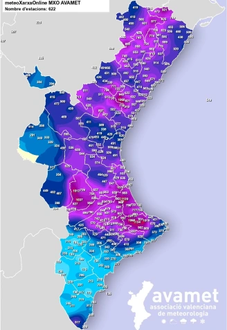 Mapa de lluvias en la Comunitat Valenciana durante 2025, según la red de estaciones meteorológicas de Avamet