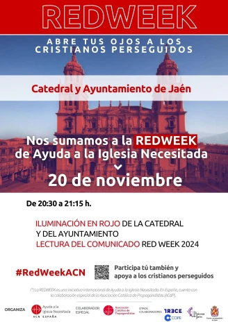 La Catedral de la Asunción y el Ayuntamiento de Jaén se iluminan de rojo en solidaridad con los cristianos perseguidos