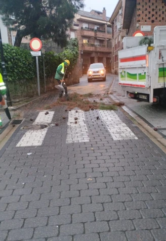 Los operarios, retirando los restos tras la caída del árbol