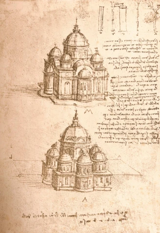 Drawing of churches, c1472-c1519 (1883). From The Literary Works of Leonardo Da Vinci, Vol. II by Jean Paul Richter, PH. DR. [Sampson Low, Marston, Searle & Rivington, London, 1883]. Credit: Album / Heritage-Images / The Print Collector alb3949324
