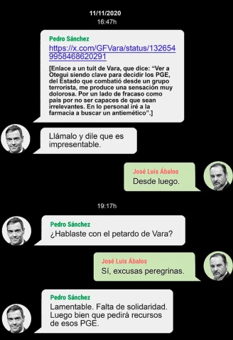 Wasaps de Pedro Sánchez a Ábalos, en noviembre de 2020