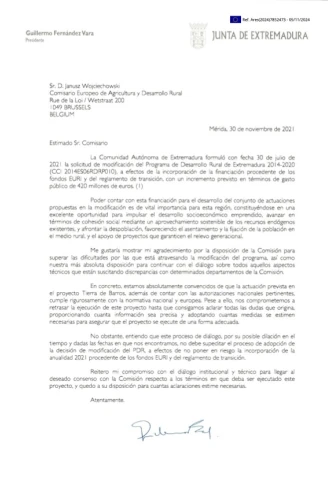 Carta de Vara al comisario de Agricultura, en noviembre de 2021