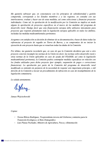 Extracto de la carta del comisario de Agricultura a vara, en diciembre de 2021