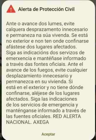 Mensaje SMS de alerta a los móviles en Ourense