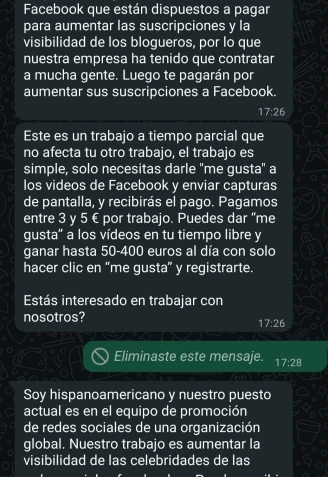 Ejemplo de falsa oferta de empleo recibida por WhatsApp