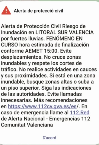 Mensaje de Es-Alert en la zona de la Safor y La Ribera por dana Alice