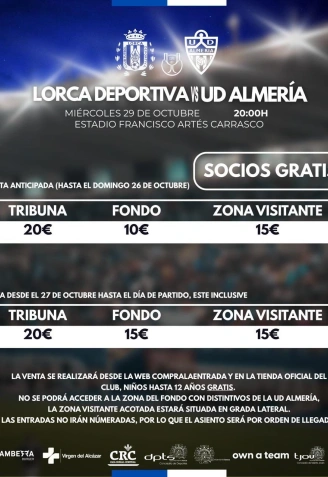 Precios del CF Lorca Deportiva - UD Almería que se jugará el próximo 30 de octubre en el Artés Carrasco