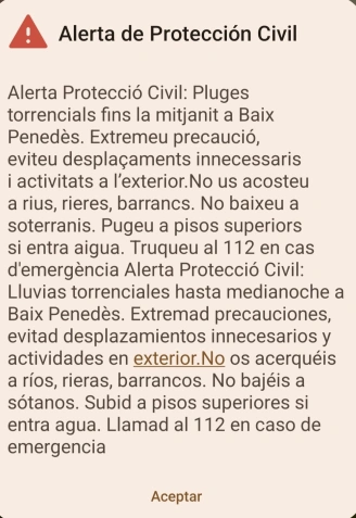 Alerta de ES-Alert en el Bajo Penedés