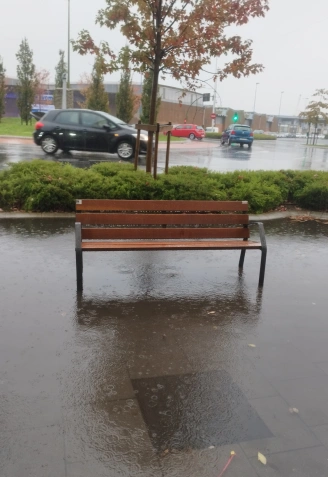 Banco rodeado de agua en la avenida del Ejército tras la tromba de agua